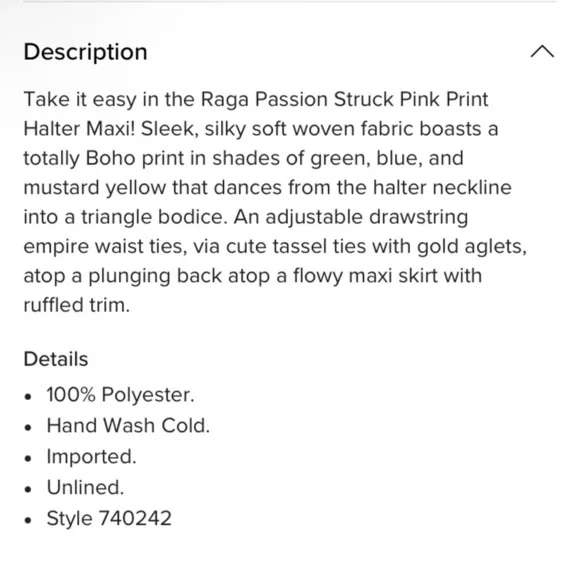 Raga Women’s Passion Struck Halter Maxi  Pink Print Dress NWOT small excellent - Picture 13 of 15